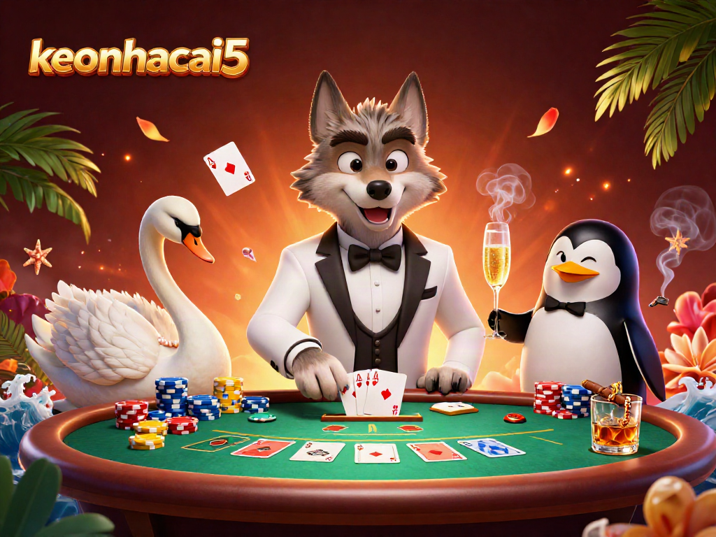 Engaging scene at keonhacai5 featuring a debonair wolf, elegant swan, and sophisticated penguin in a lively casino setting.