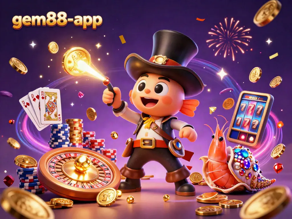 Experience thrilling wins with gem88-app in this action-packed casino scene featuring vibrant characters and elements.