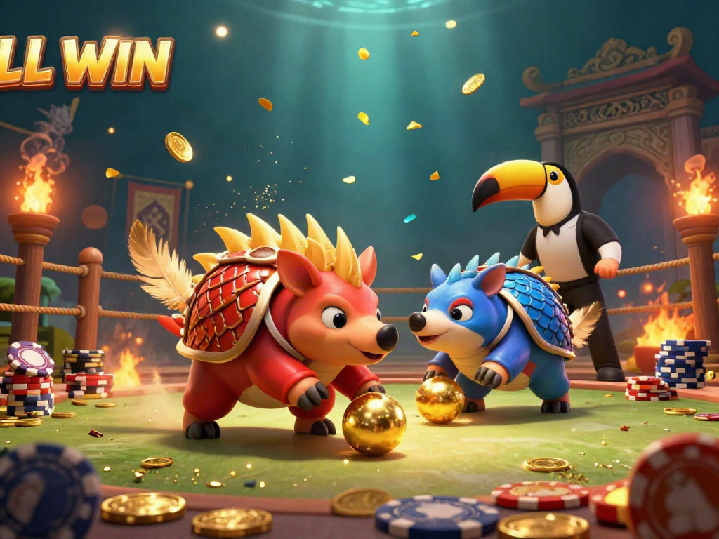 Engaging 3D scene of LL WIN with colorful pangolins bowling through poker chips in a vibrant casino atmosphere.