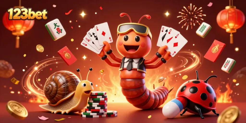 Experience thrilling action at 123bet with a vibrant casino scene featuring colorful characters and game elements.
