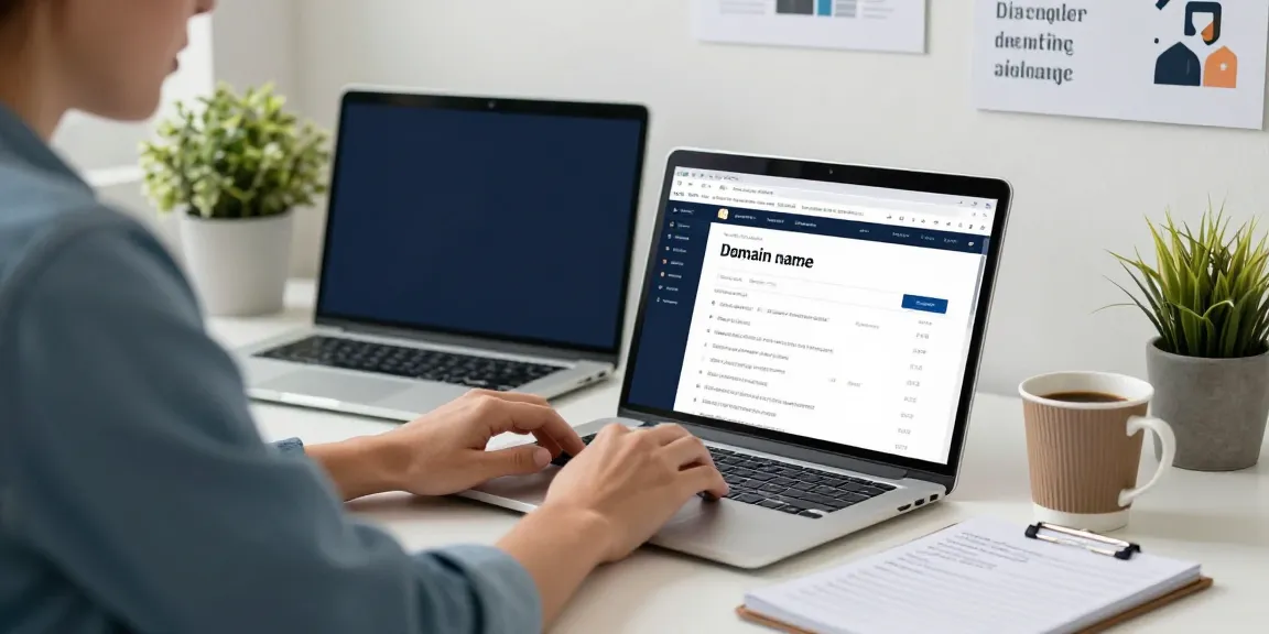 Professional conducting a domain name search UK in a modern office workspace.