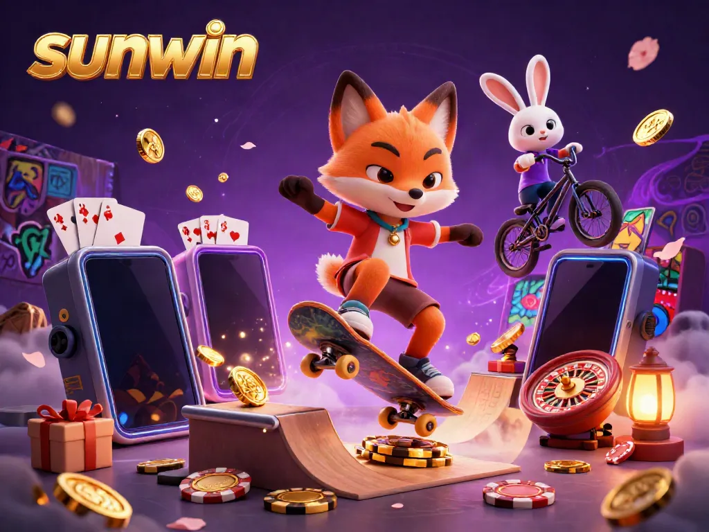 Experience thrilling gaming with sunwin, featuring a skateboarder fox and BMX rabbit in a vibrant casino scene.