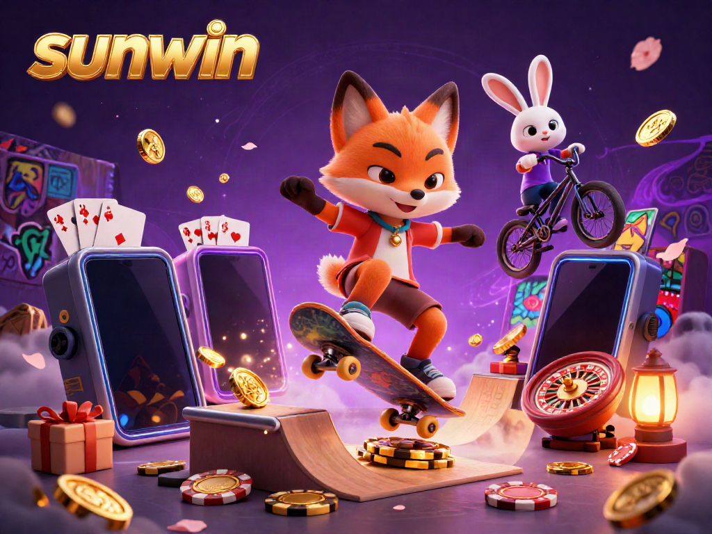 Experience thrilling gaming with sunwin, featuring a skateboarder fox and BMX rabbit in a vibrant casino scene.