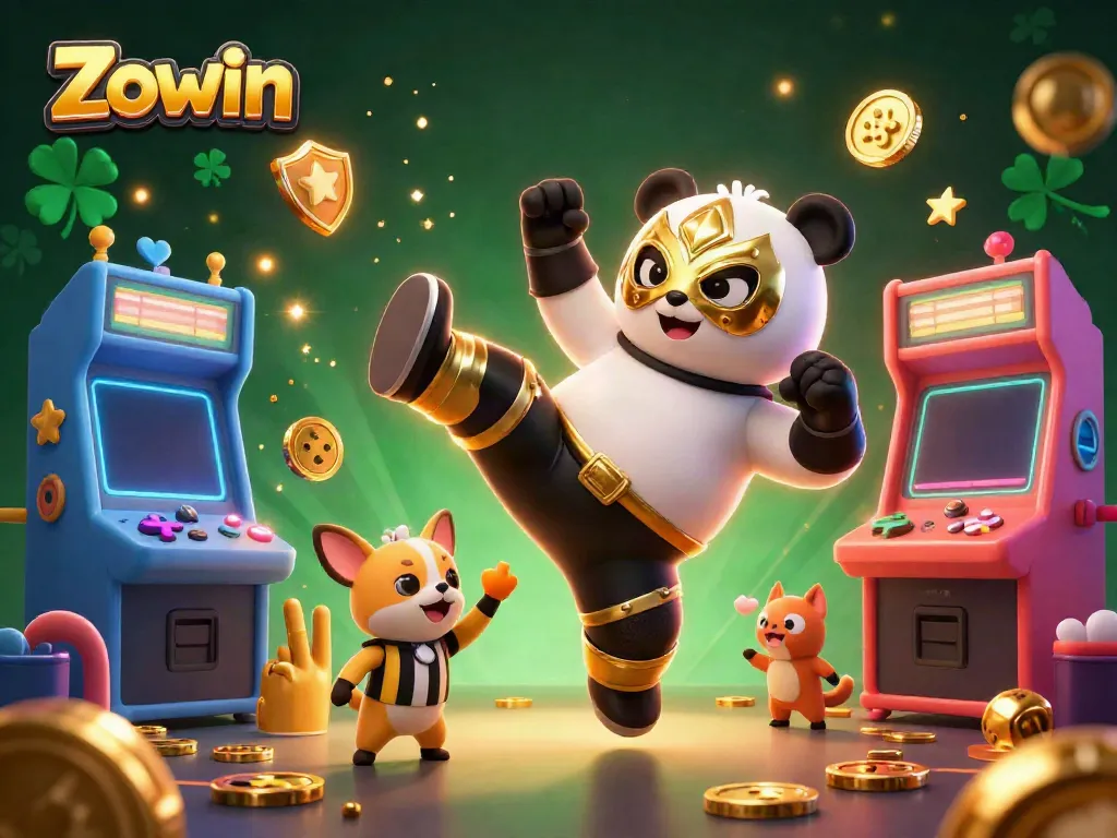 Zowin gaming scene with a panda wrestler and chihuahua referee amidst colorful casino elements