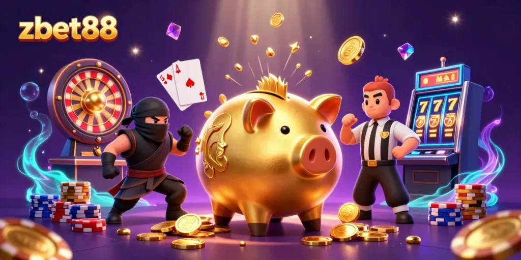 Experience zbet88's thrilling casino adventure with a dynamic scene featuring a golden sumo wrestler and vibrant game elements.