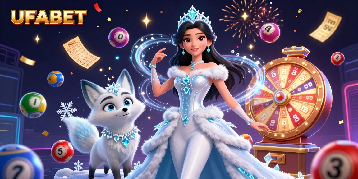 Bet and win on UFABET with vibrant lottery balls and festive casino elements surrounding a stunning ice queen.
