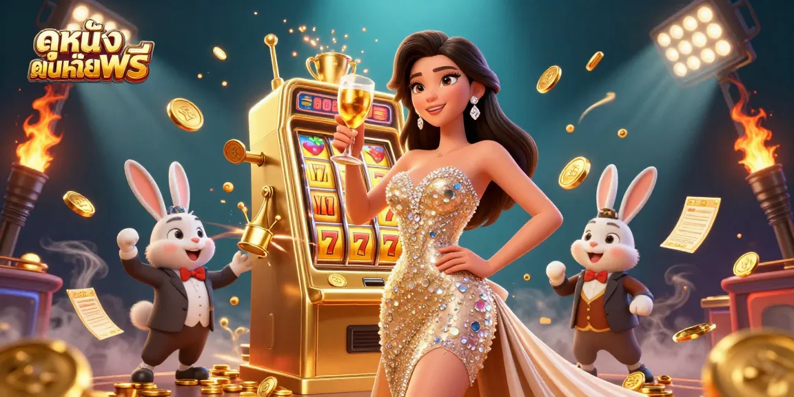 Engage with ดูหนังออนไลน์ฟรี, featuring a glamorous woman toasting beside a shining jackpot slot machine, capturing thrilling moments.