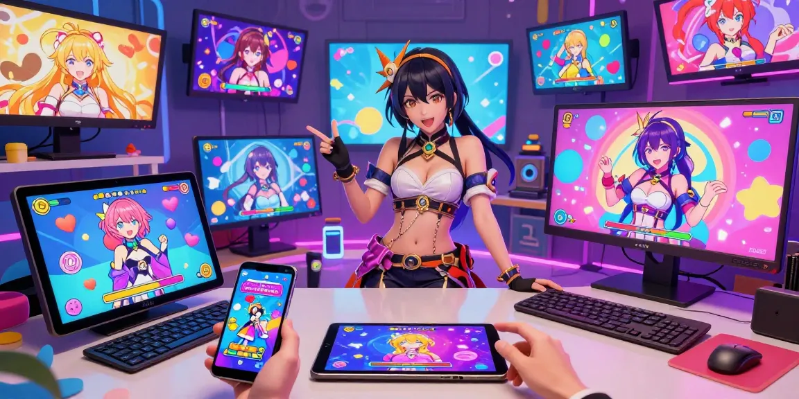 Engaging character in vibrant ecchi game online environment, showcasing diverse gameplay on multiple devices.