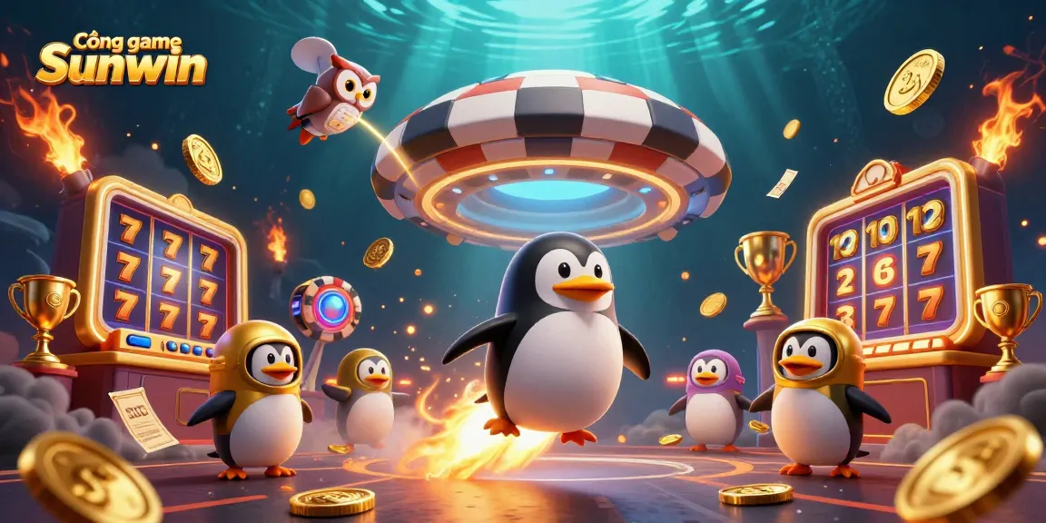 Cổng game Sunwin showcases a golden penguin flying towards a casino-themed space amidst vibrant gambling elements.