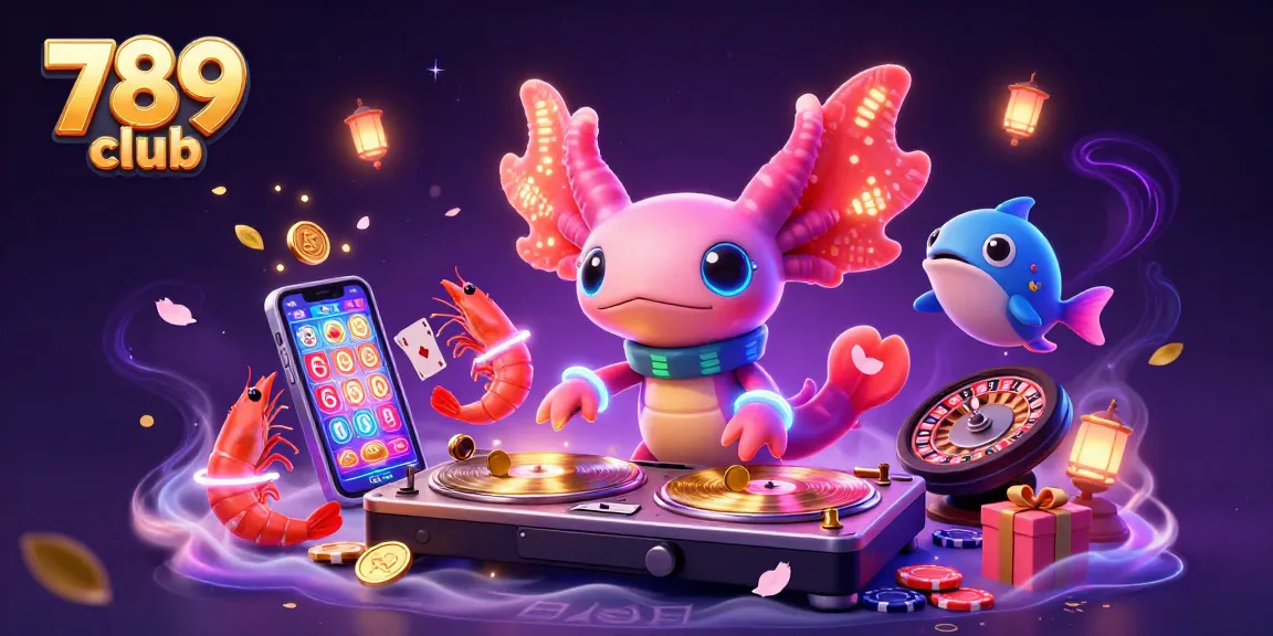 Join the fun at 789 club with a neon axolotl DJ and vibrant casino games in this colorful illustration.