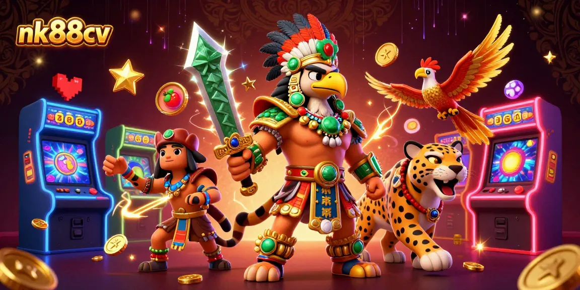 Experience thrilling games at nk88cv with Aztec characters amidst vibrant casino elements.