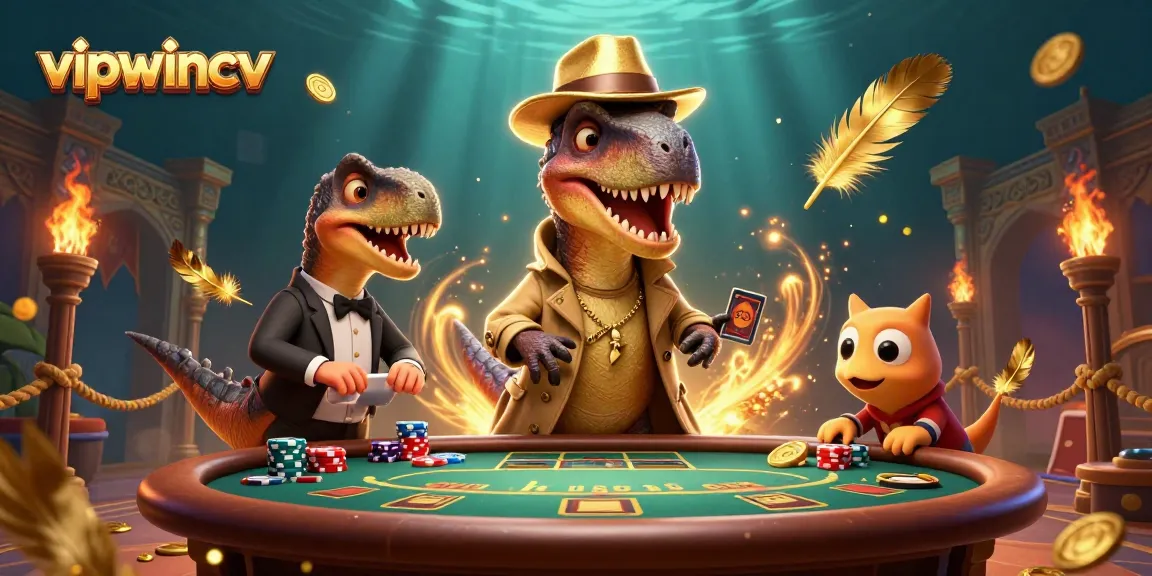 Experience thrilling blackjack action at vipwincv with cartoon dino characters amidst sparkling casino elements.