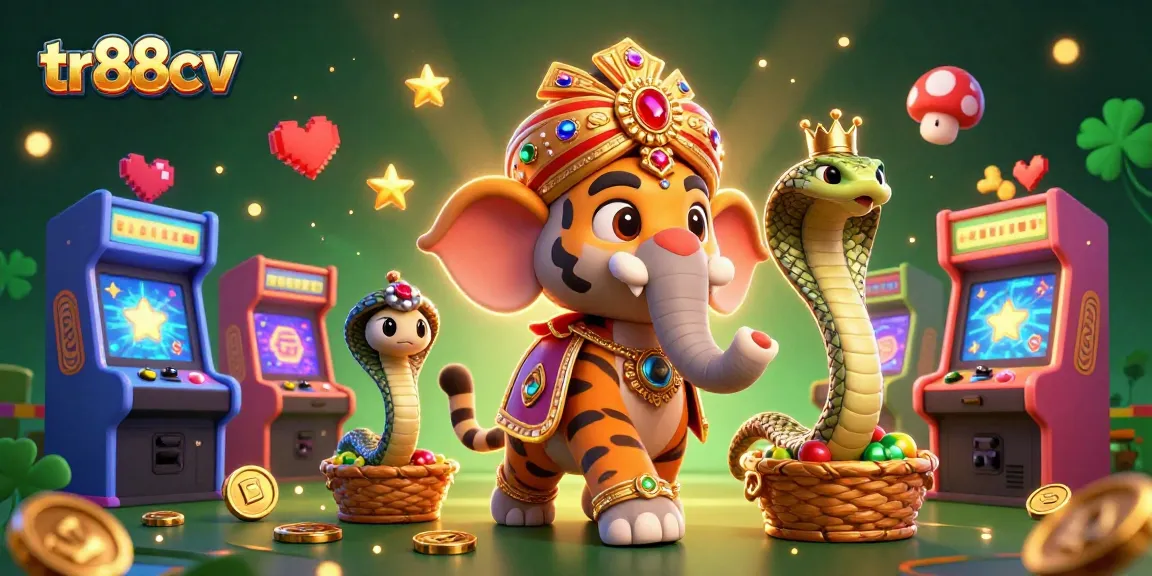 Experience thrilling games at tr88cv with a vibrant scene depicting an ornate maharaja, a jewel-encrusted elephant, and dynamic gaming elements.