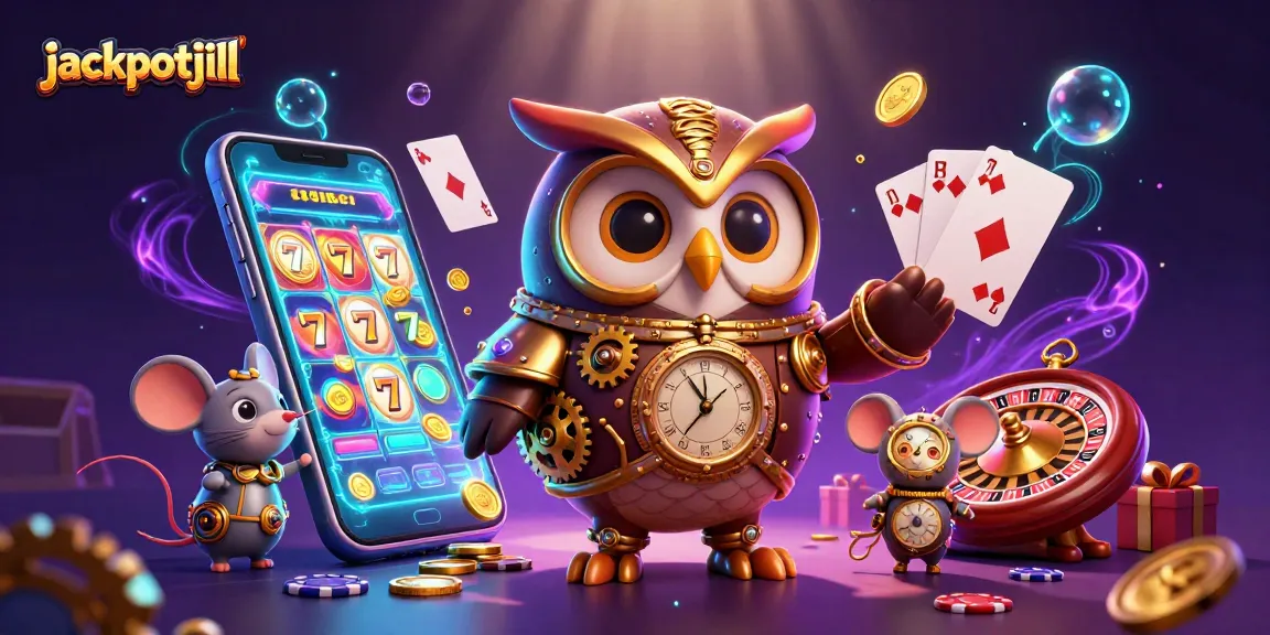 Experience jackpotjill with an engaging scene of a time-traveler owl amidst colorful casino elements.