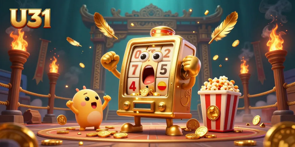 U31's golden slot machine hits a jackpot, spewing coins with baby slots cheering nearby.