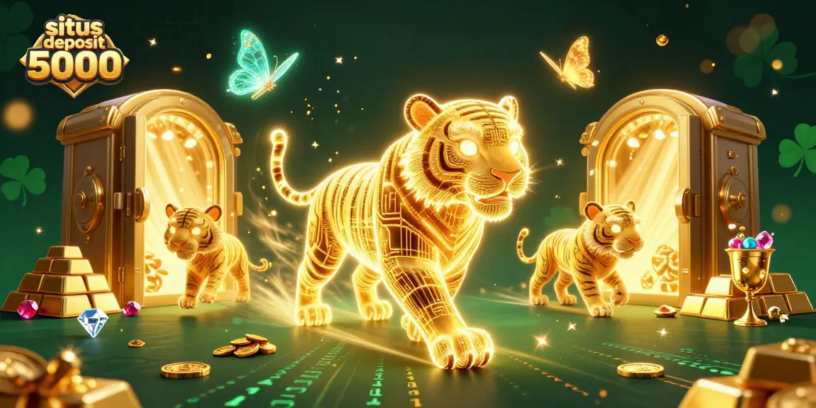 Experience the excitement of situs deposit 5000 with a vibrant digital casino scene featuring a neon golden tiger and treasures.