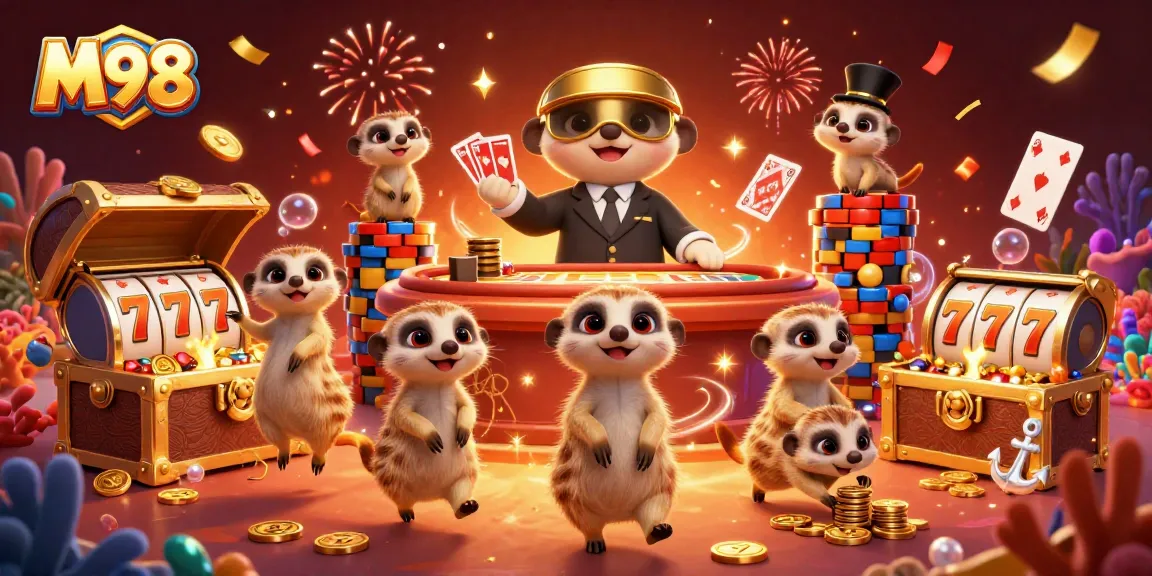 M98 showcases a lively casino scene with meerkats managing games and treasure elements evoking excitement.
